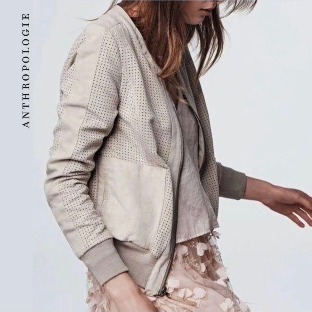 Anthropologie Hei Hei Tan vegan suede perforated bomber jacket Size S